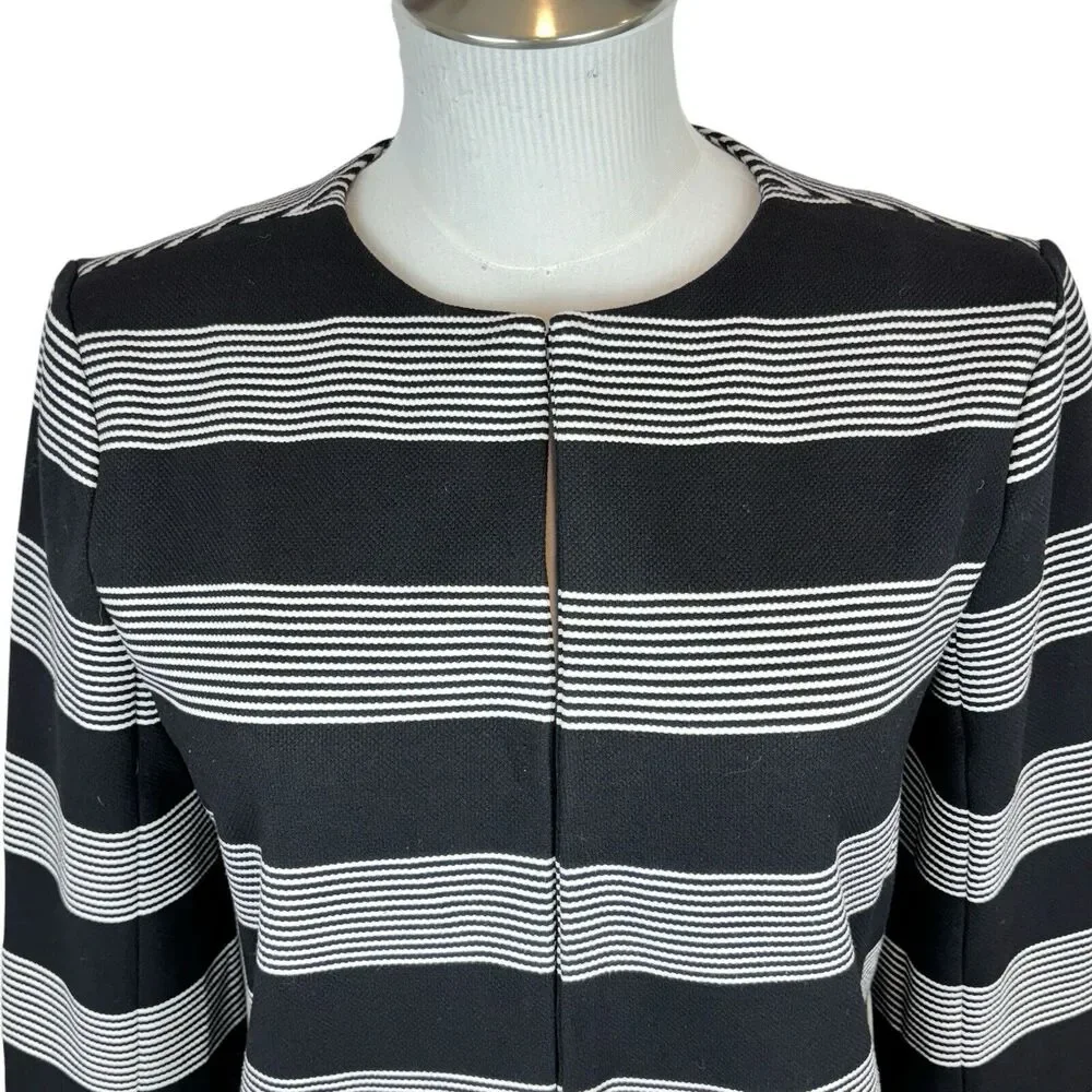 English Factory Sz S Black White Striped Long Sleeve Blazer Coat Hook Loop Close